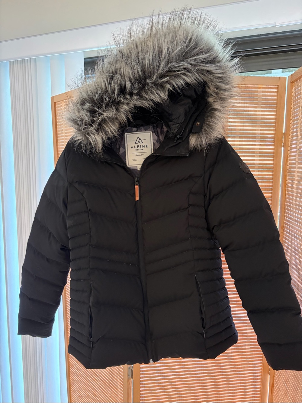 Alpine Design Black Quilted Puffer Jacket with Faux-Fur Trim Hood